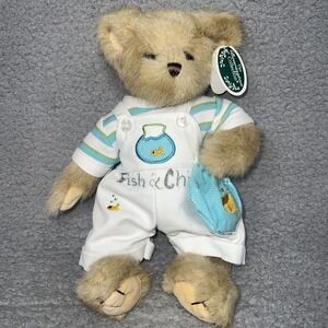 NWT Bearington Fish & Chips Plush Overall Striped Fishbowl Bag Teddy Bear *Rare*